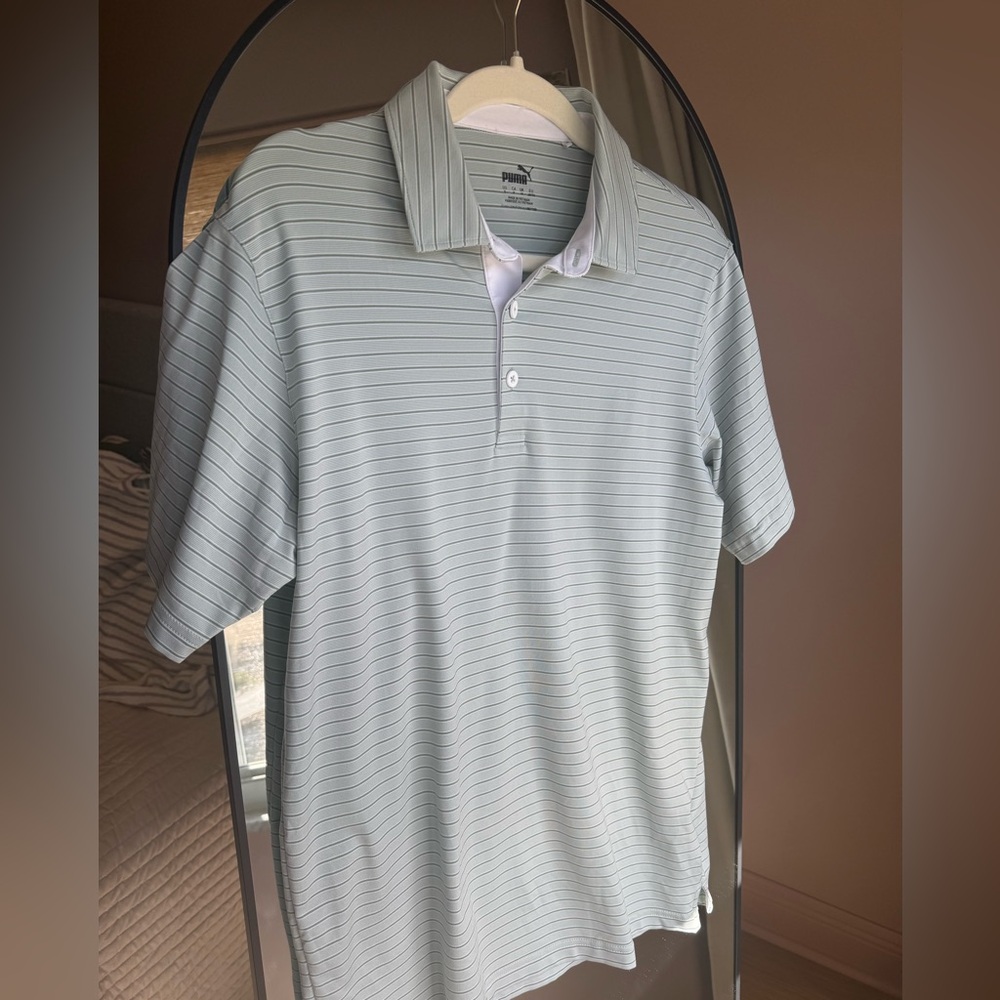Puma Performance Golf Polo Shirt Mens Small Light Green Striped Moisture Wicking